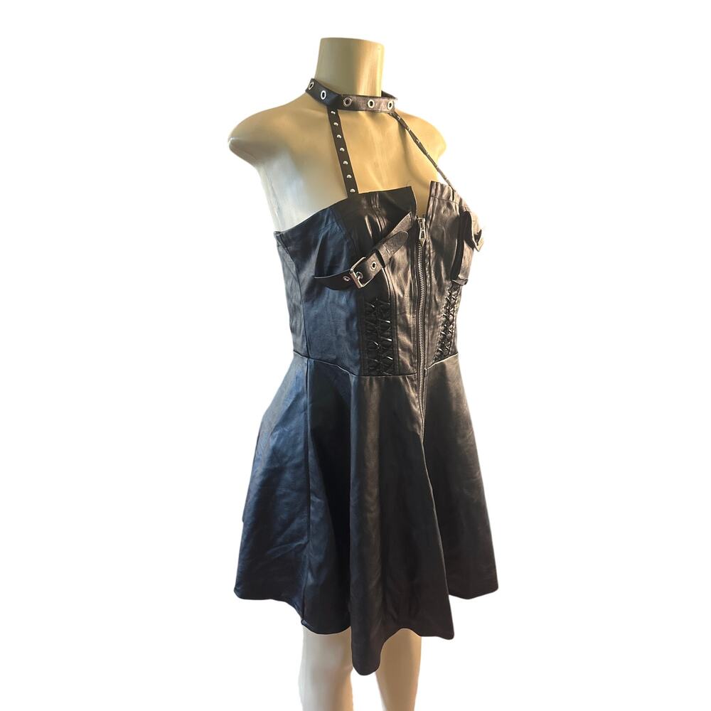 Women L Dark In Love Black Faux Leather Mini Dress Goth Punk Choker Neckline